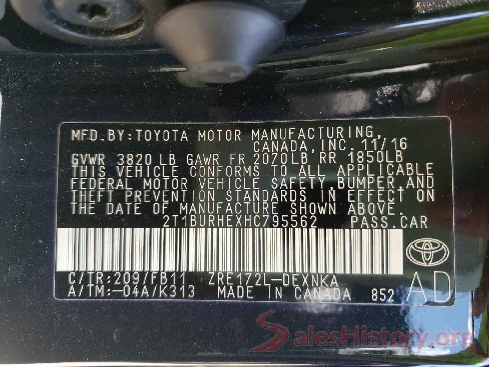 2T1BURHEXHC795562 2017 TOYOTA COROLLA