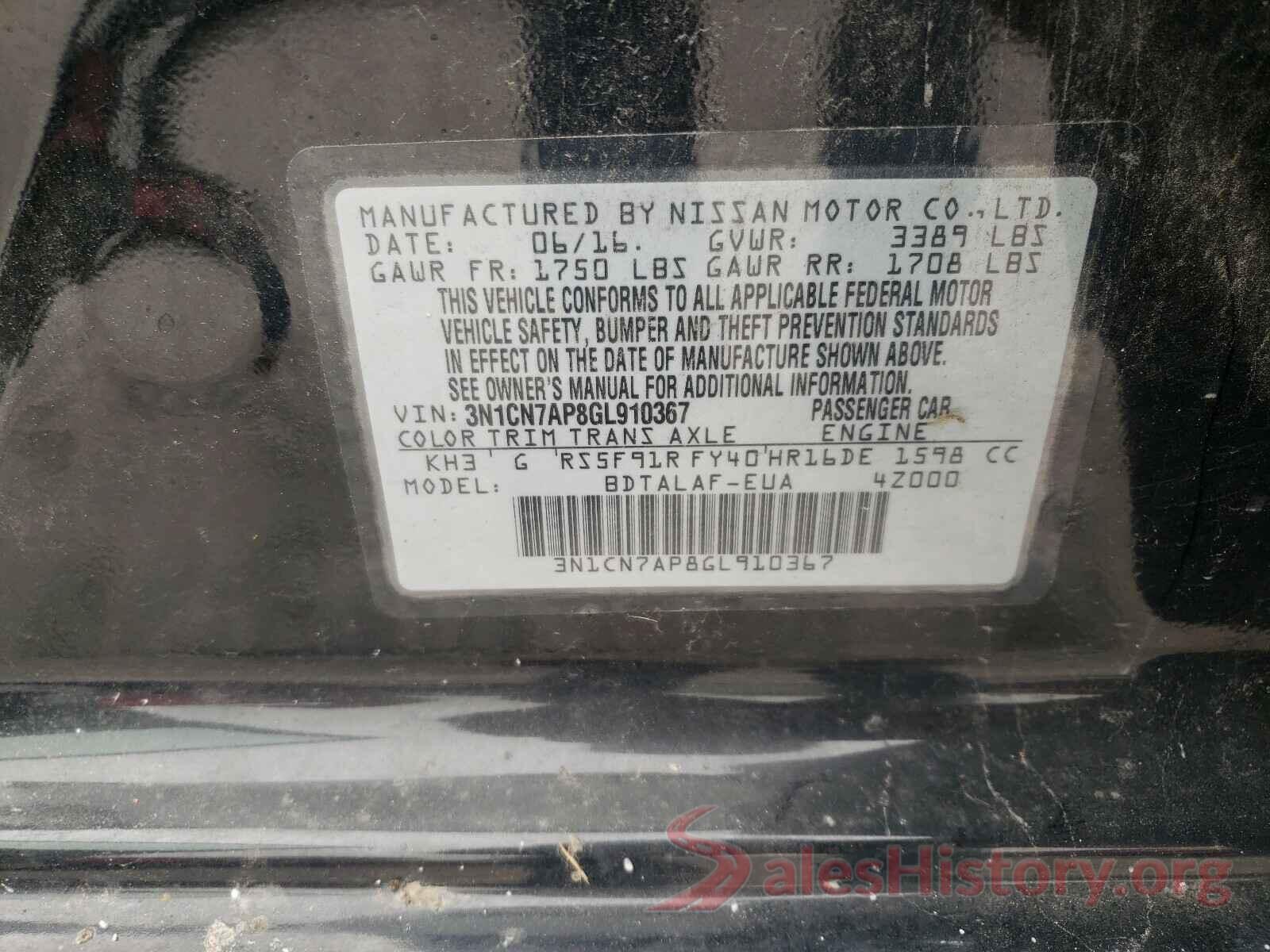 3N1CN7AP8GL910367 2016 NISSAN VERSA