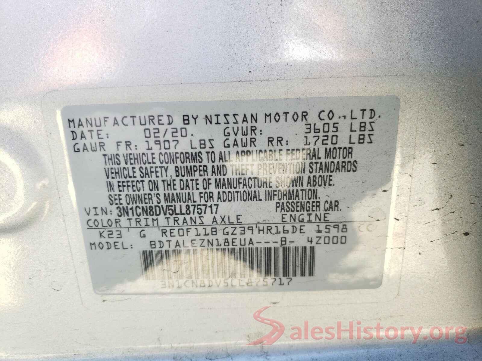 3N1CN8DV5LL875717 2020 NISSAN VERSA