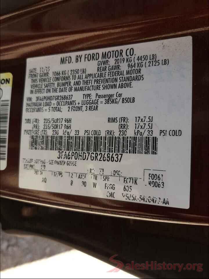 3FA6P0HD7GR268637 2016 FORD FUSION