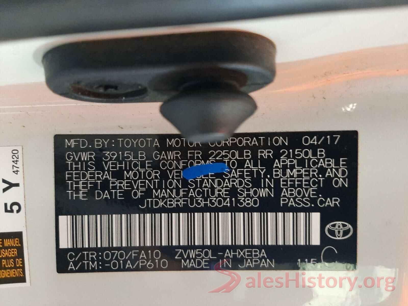 JTDKBRFU3H3041380 2017 TOYOTA PRIUS