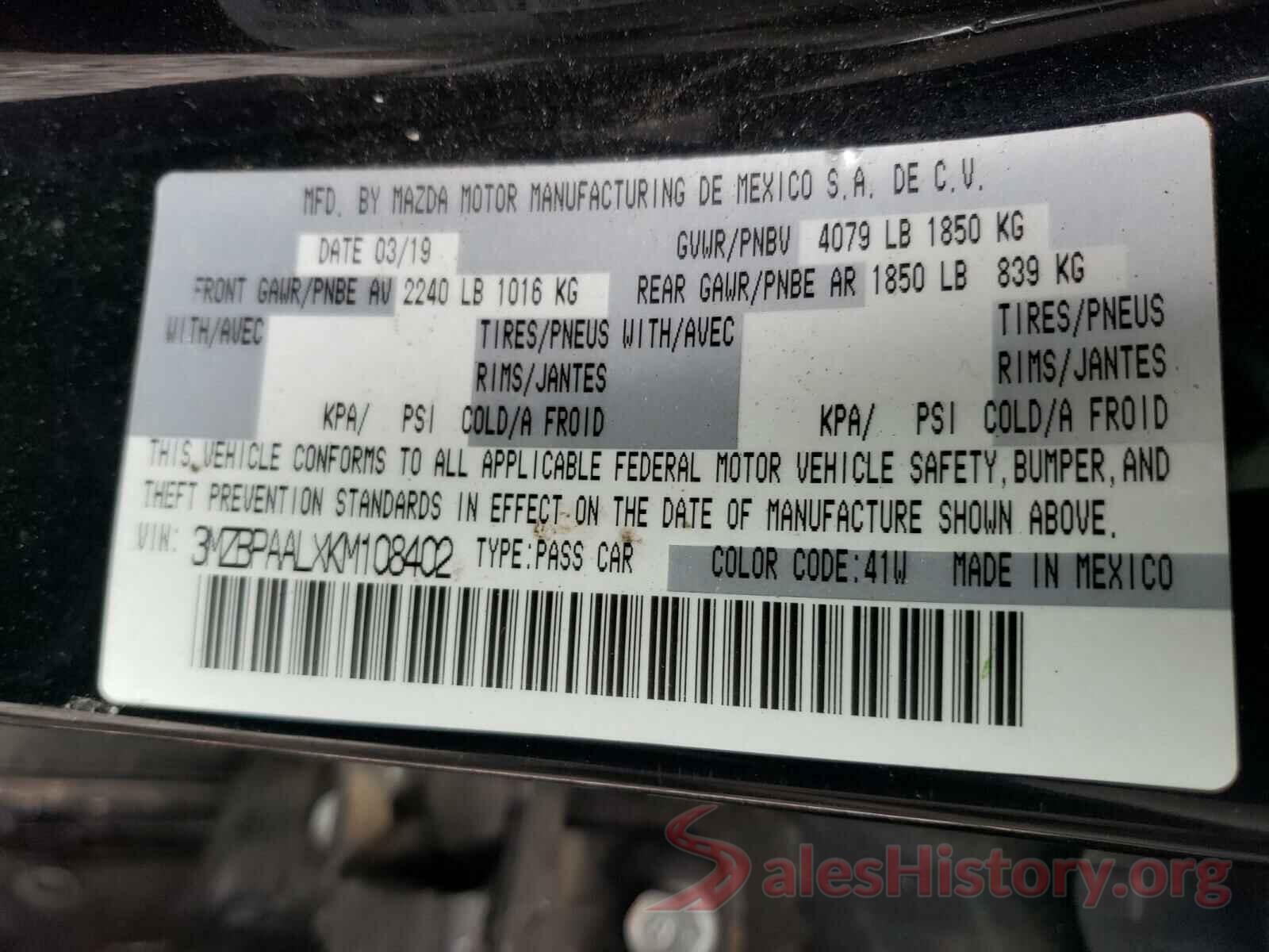 3MZBPAALXKM108402 2019 MAZDA 3