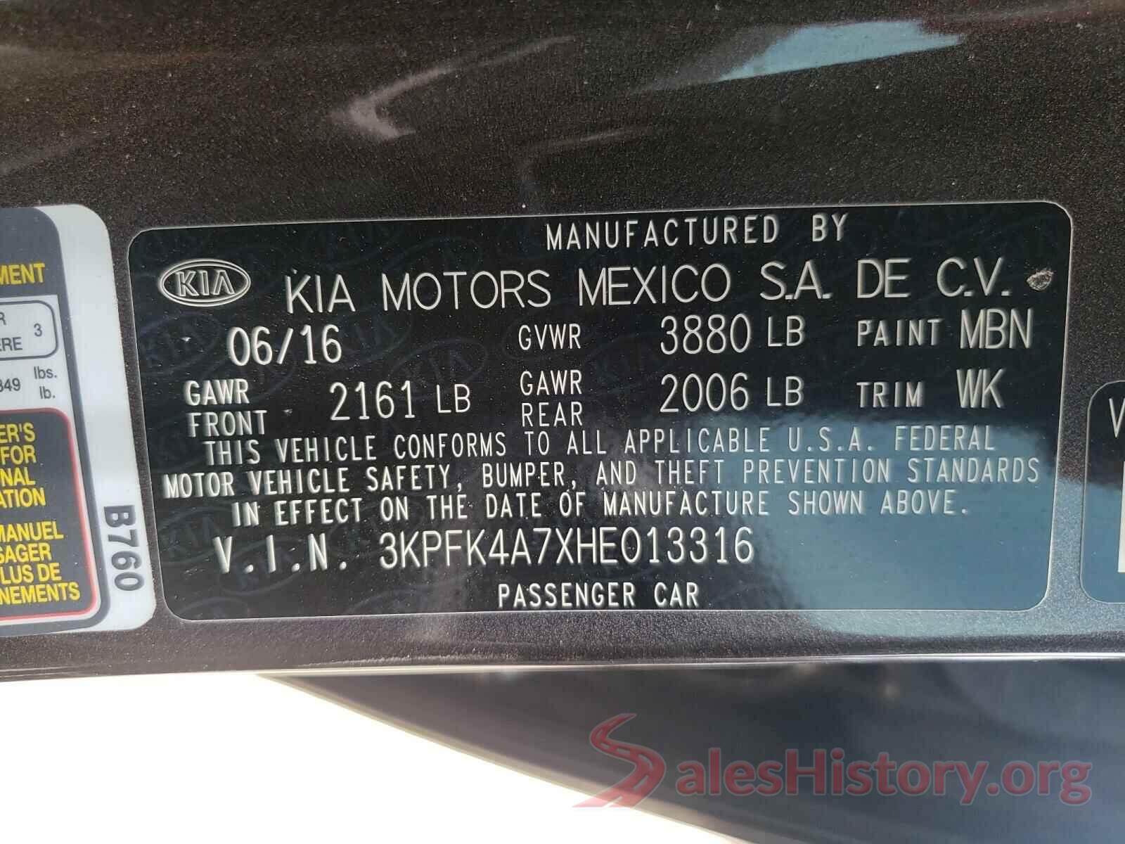 3KPFK4A7XHE013316 2017 KIA FORTE