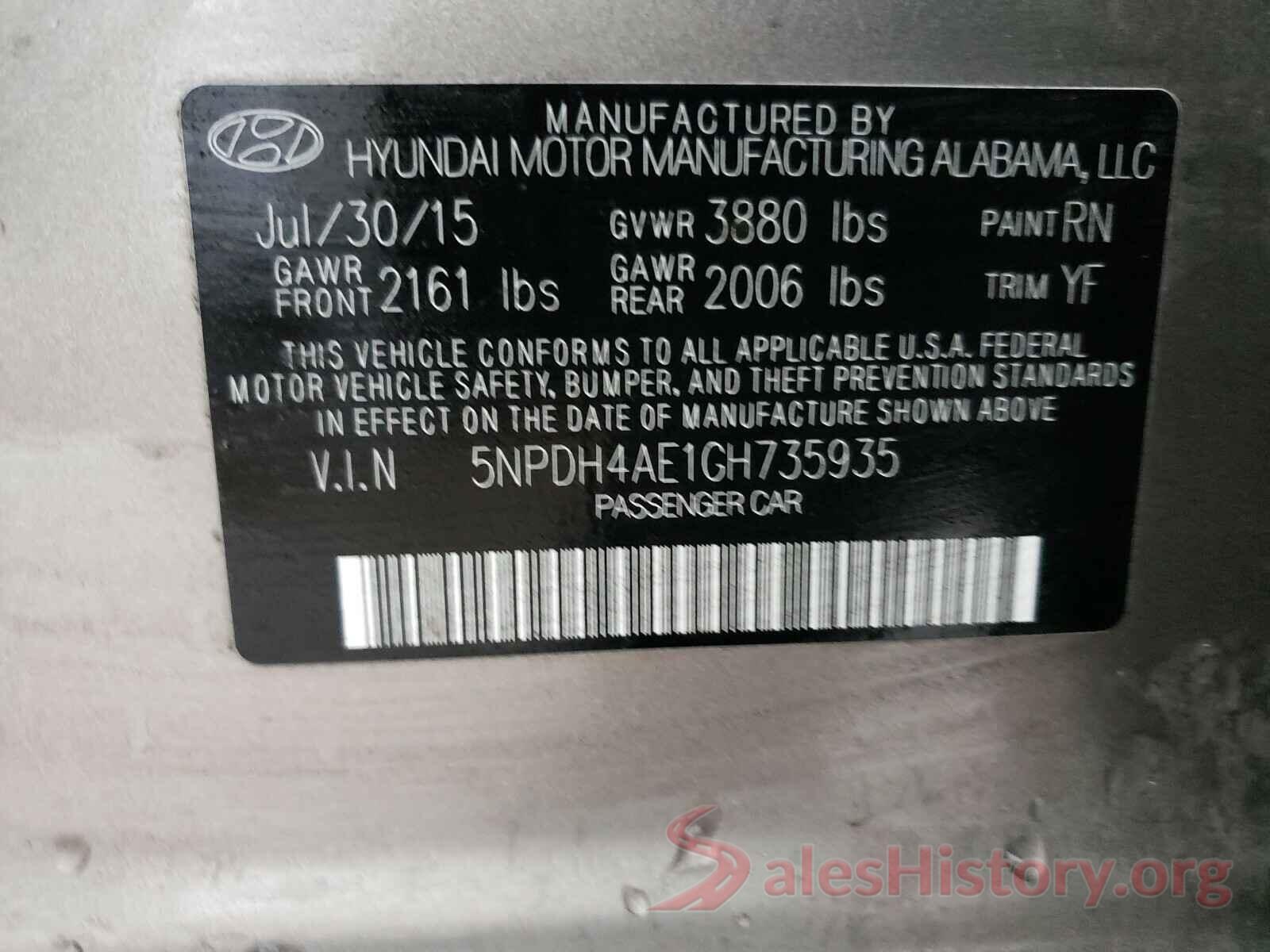 5NPDH4AE1GH735935 2016 HYUNDAI ELANTRA