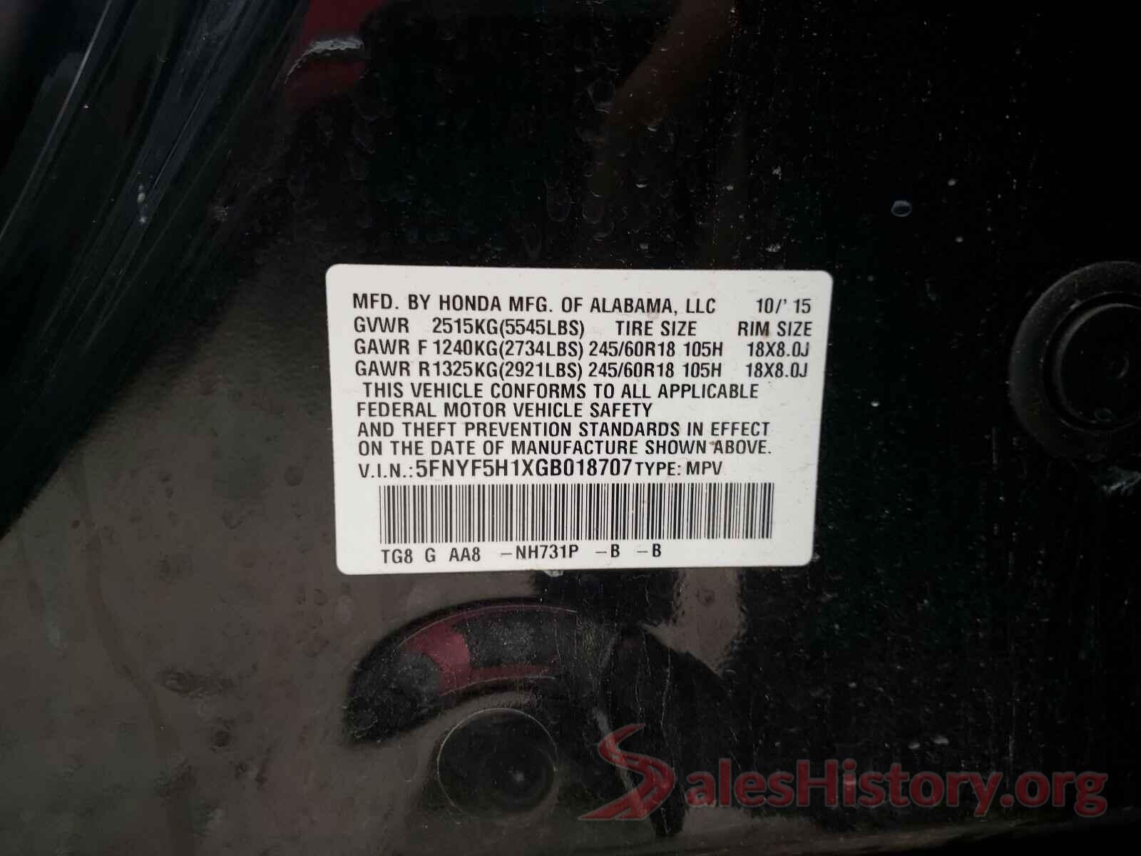 5FNYF5H1XGB018707 2016 HONDA PILOT