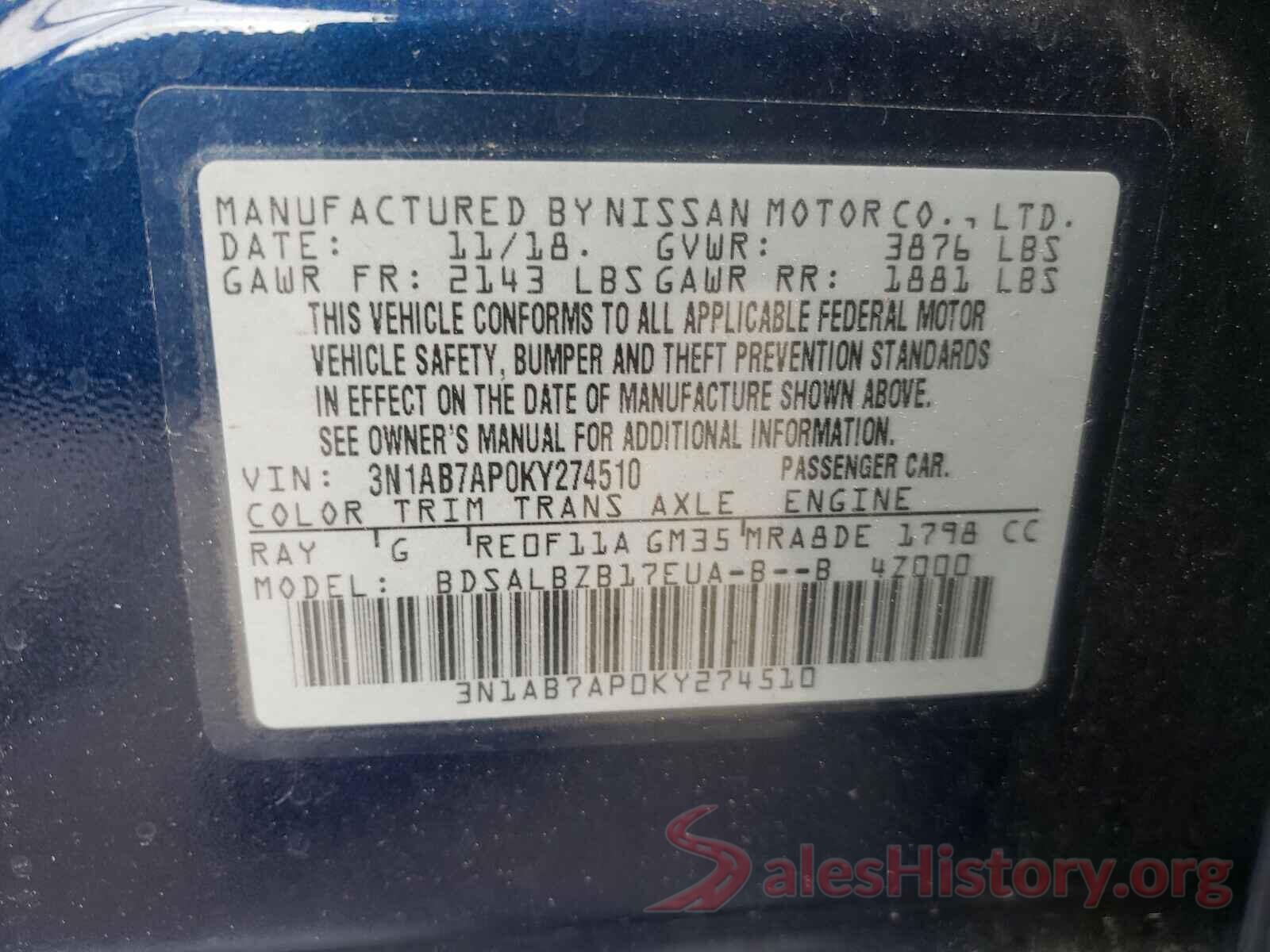 3N1AB7AP0KY274510 2019 NISSAN SENTRA