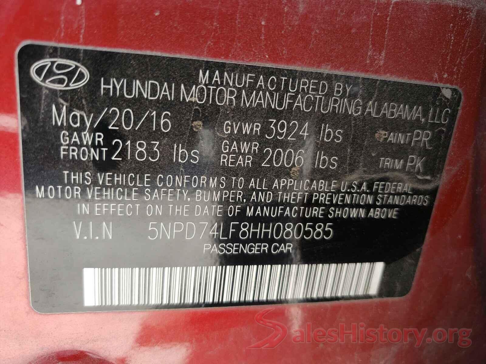 5NPD74LF8HH080585 2017 HYUNDAI ELANTRA