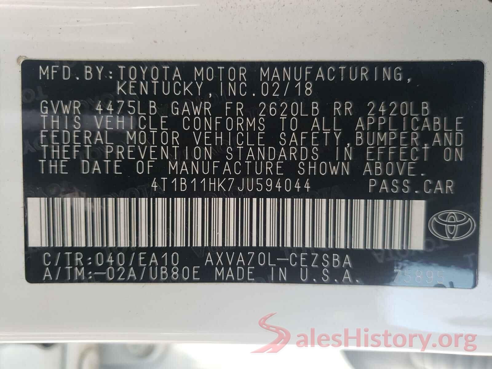 4T1B11HK7JU594044 2018 TOYOTA CAMRY