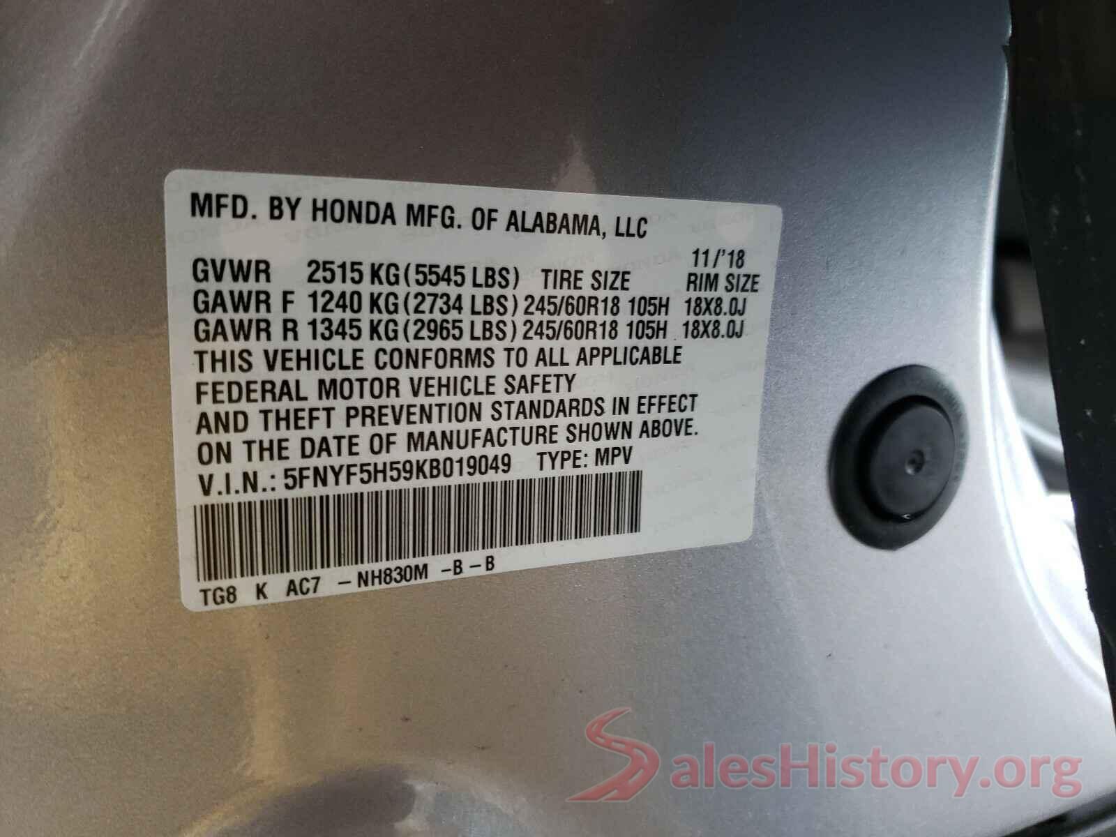 5FNYF5H59KB019049 2019 HONDA PILOT