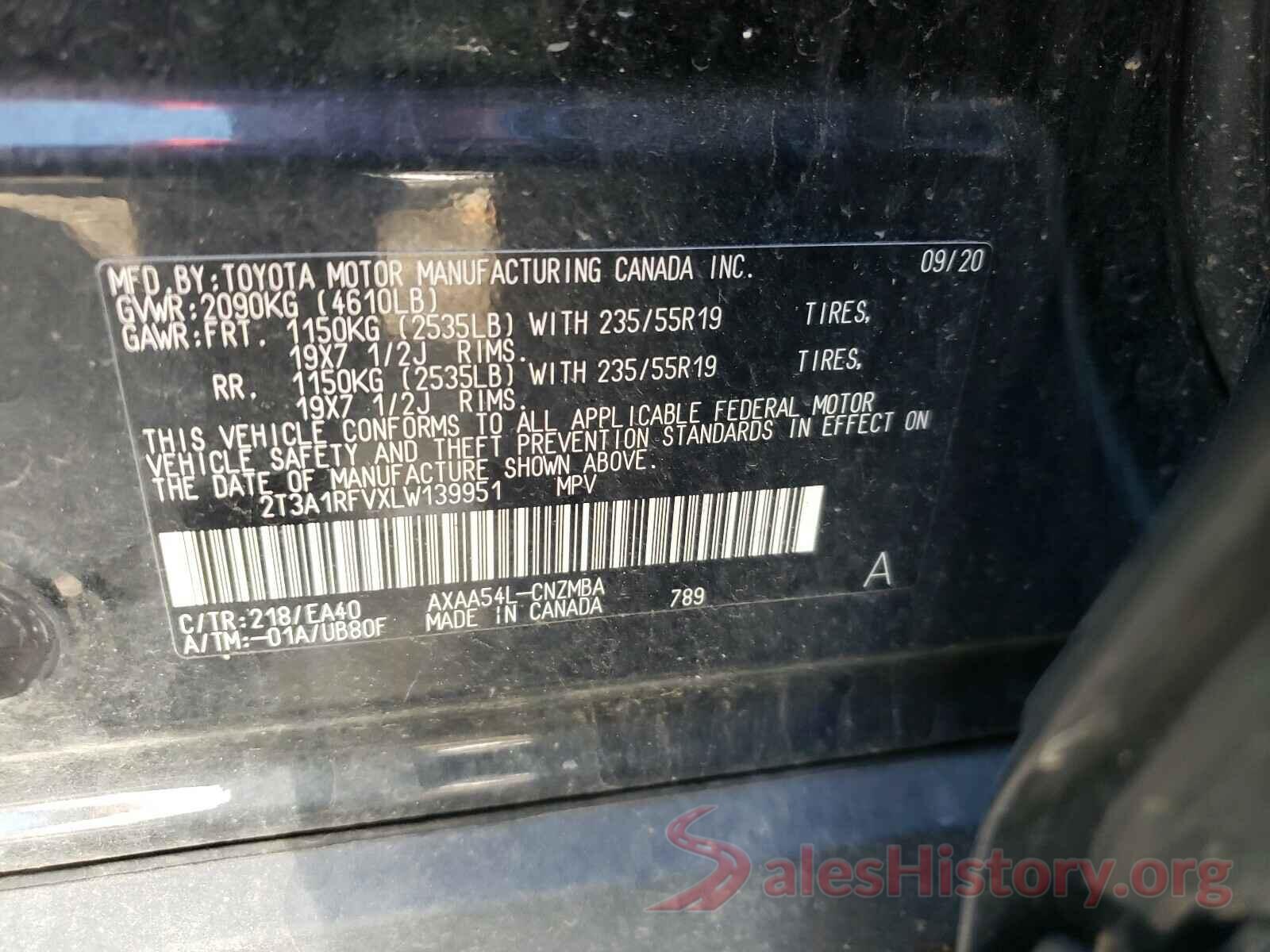 2T3A1RFVXLW139951 2020 TOYOTA RAV4