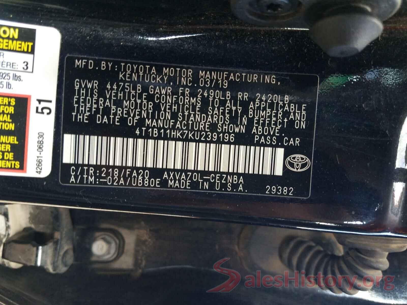 4T1B11HK7KU239196 2019 TOYOTA CAMRY