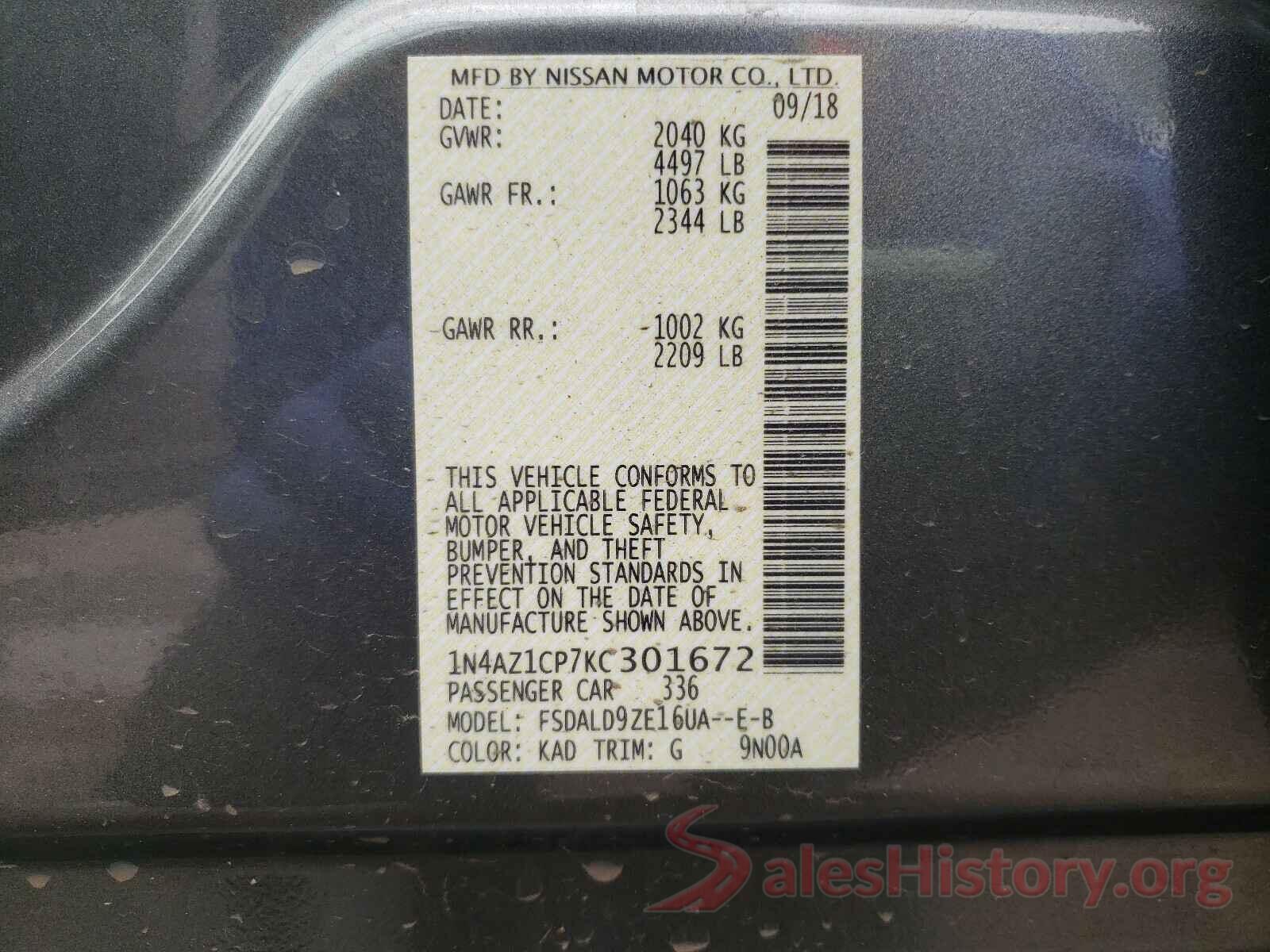 1N4AZ1CP7KC301672 2019 NISSAN LEAF