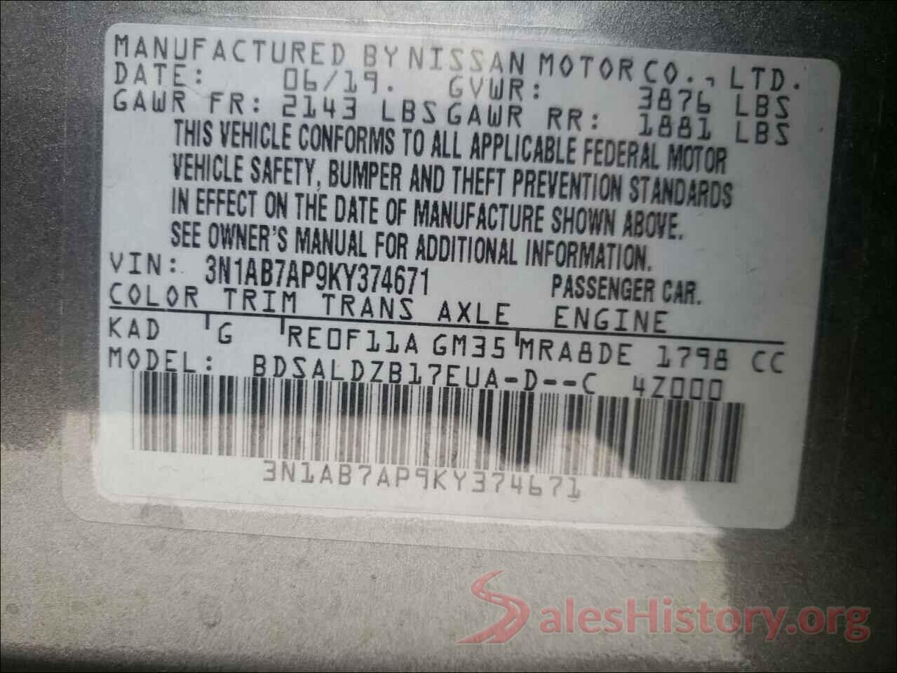 3N1AB7AP9KY374671 2019 NISSAN SENTRA