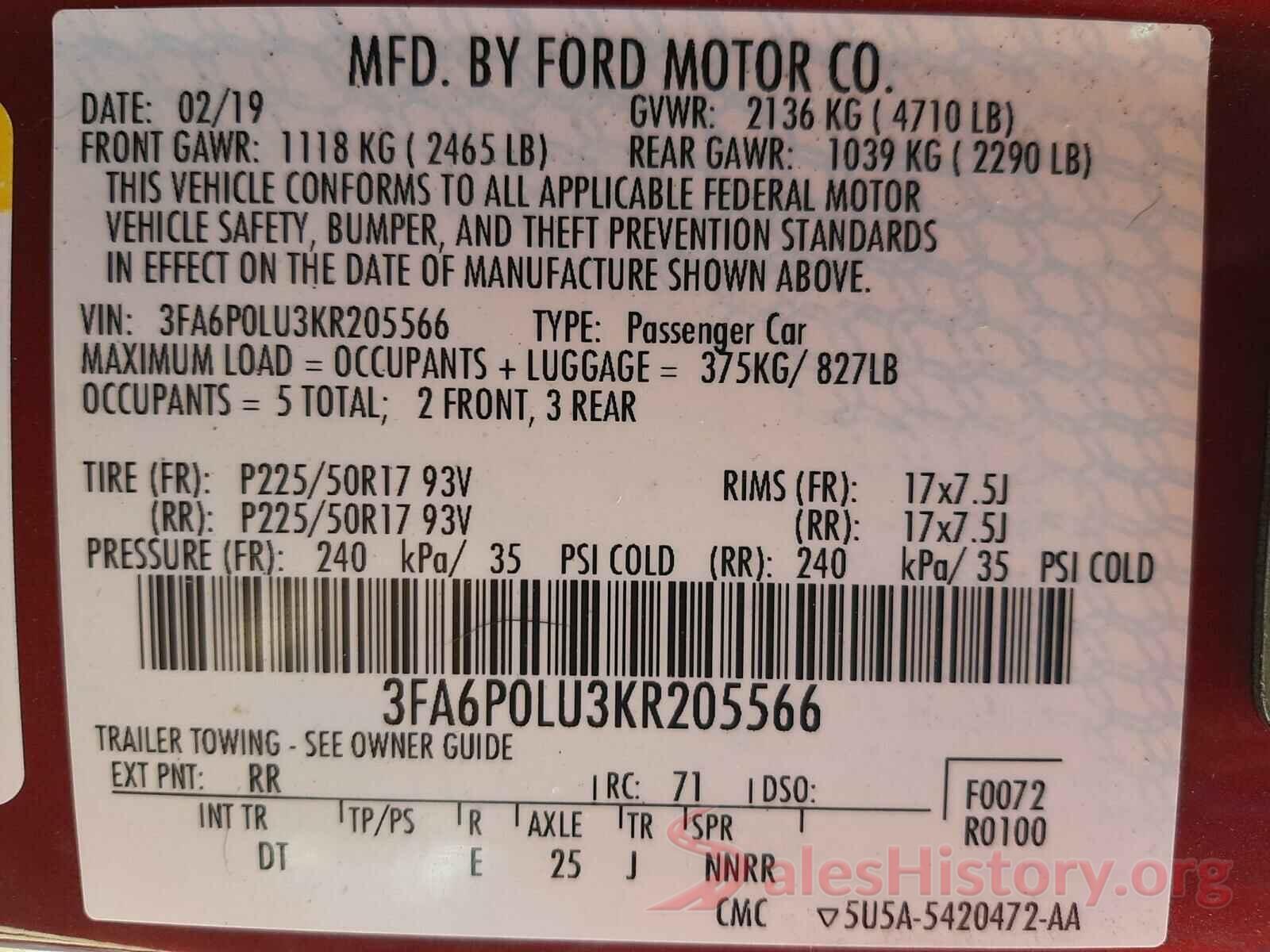 3FA6P0LU3KR205566 2019 FORD FUSION