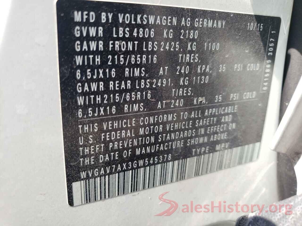 WVGAV7AX3GW545378 2016 VOLKSWAGEN TIGUAN