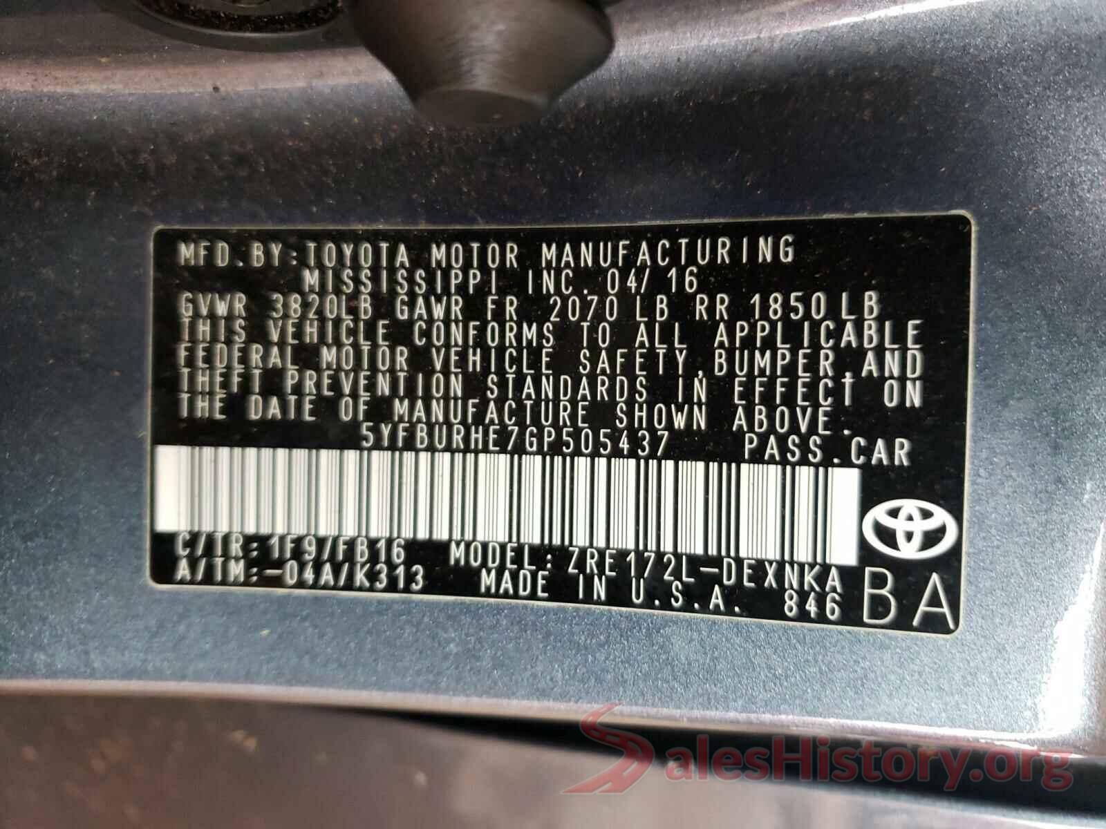 5YFBURHE7GP505437 2016 TOYOTA COROLLA