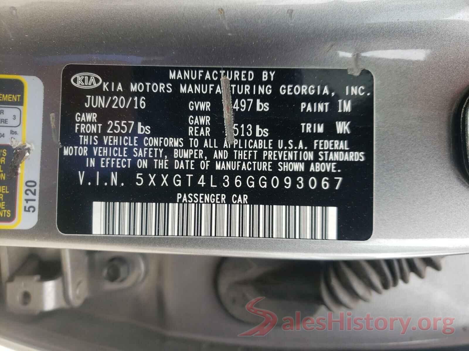 5XXGT4L36GG093067 2016 KIA OPTIMA