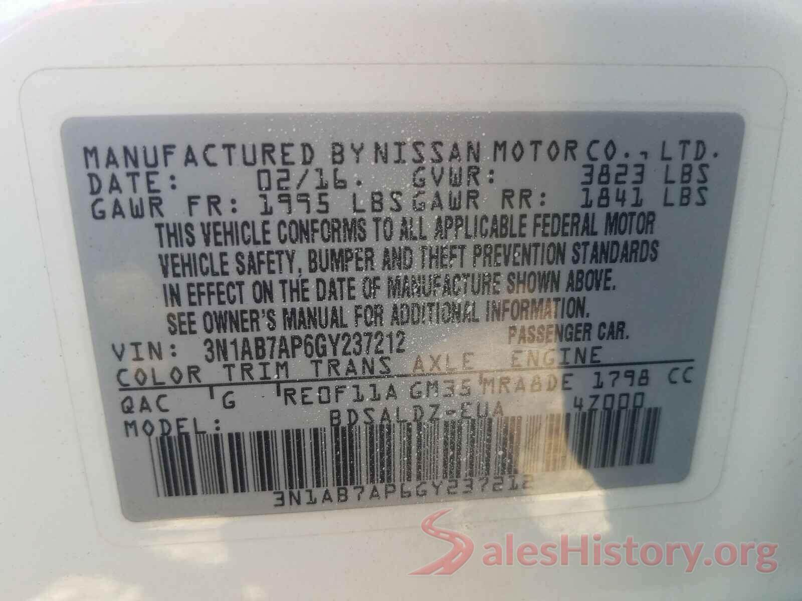 3N1AB7AP6GY237212 2016 NISSAN SENTRA