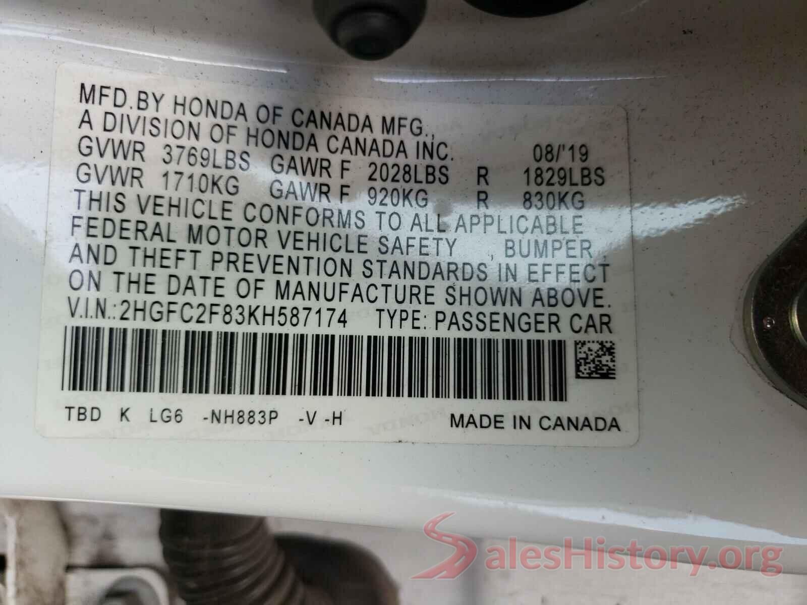 2HGFC2F83KH587174 2019 HONDA CIVIC