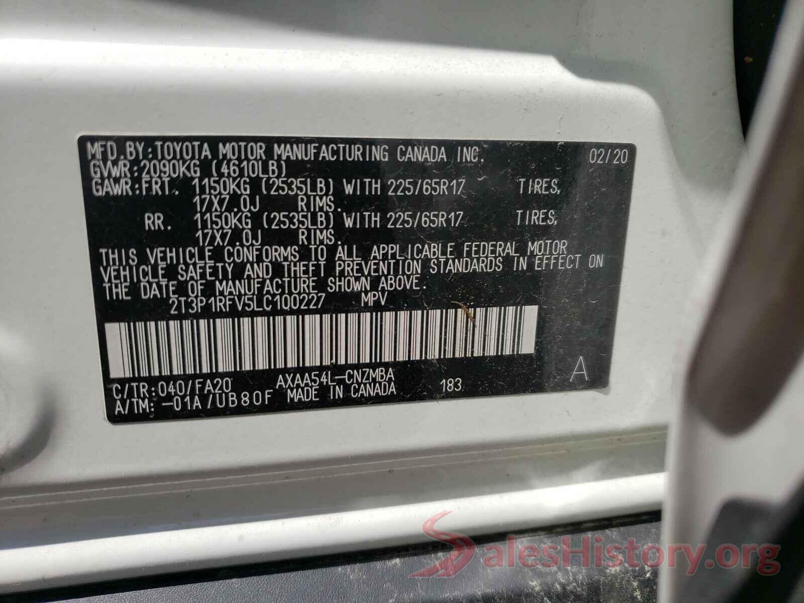 2T3P1RFV5LC100227 2020 TOYOTA RAV4