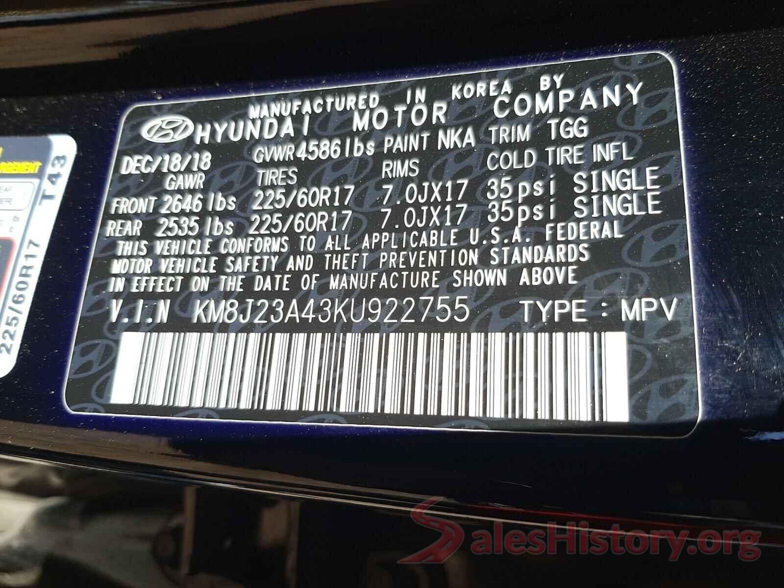 KM8J23A43KU922755 2019 HYUNDAI TUCSON