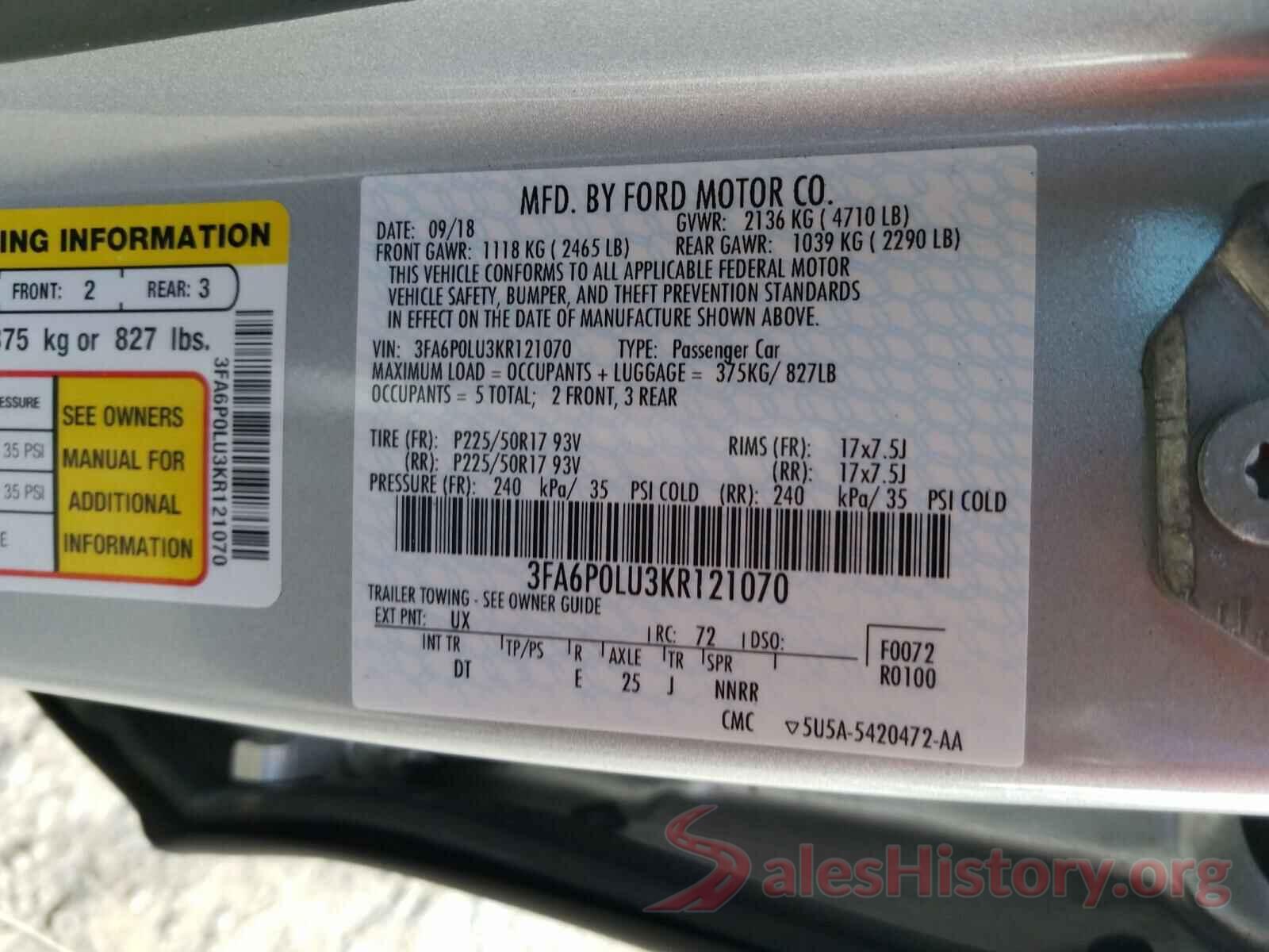 3FA6P0LU3KR121070 2019 FORD FUSION