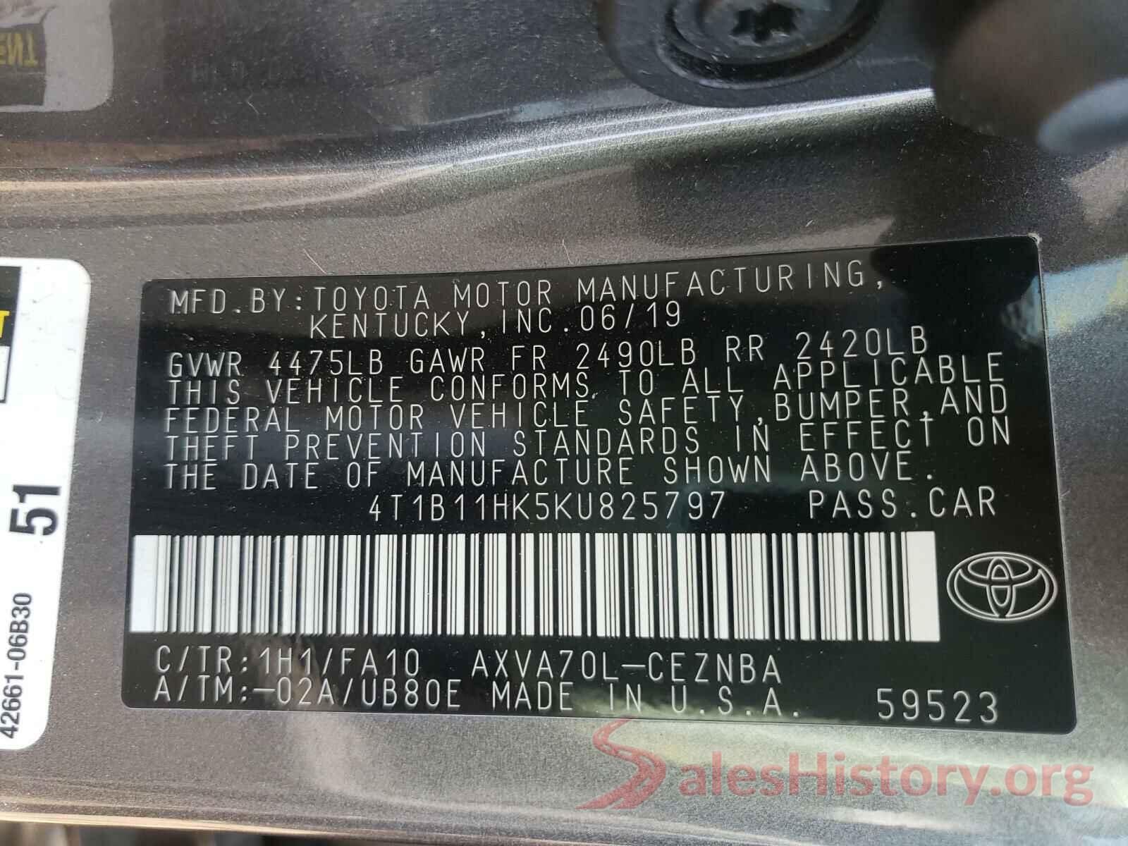 4T1B11HK5KU825797 2019 TOYOTA CAMRY