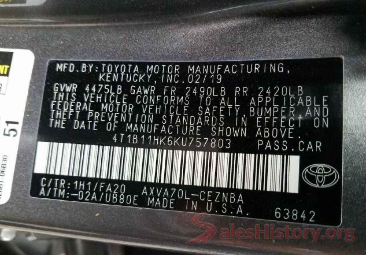 4T1B11HK6KU757803 2019 TOYOTA CAMRY