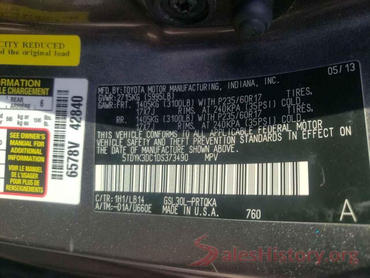 5TDYK3DC1DS373490 2013 TOYOTA SIENNA