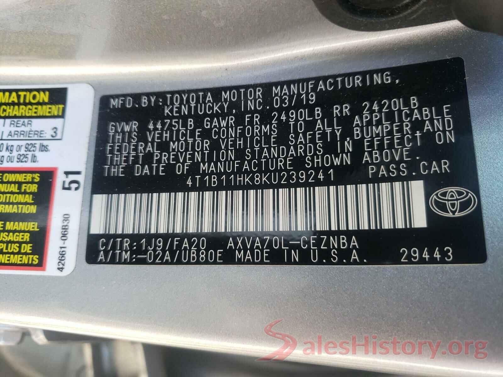 4T1B11HK8KU239241 2019 TOYOTA CAMRY