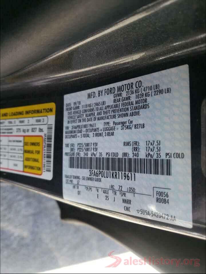 3FA6P0LU1KR119611 2019 FORD FUSION