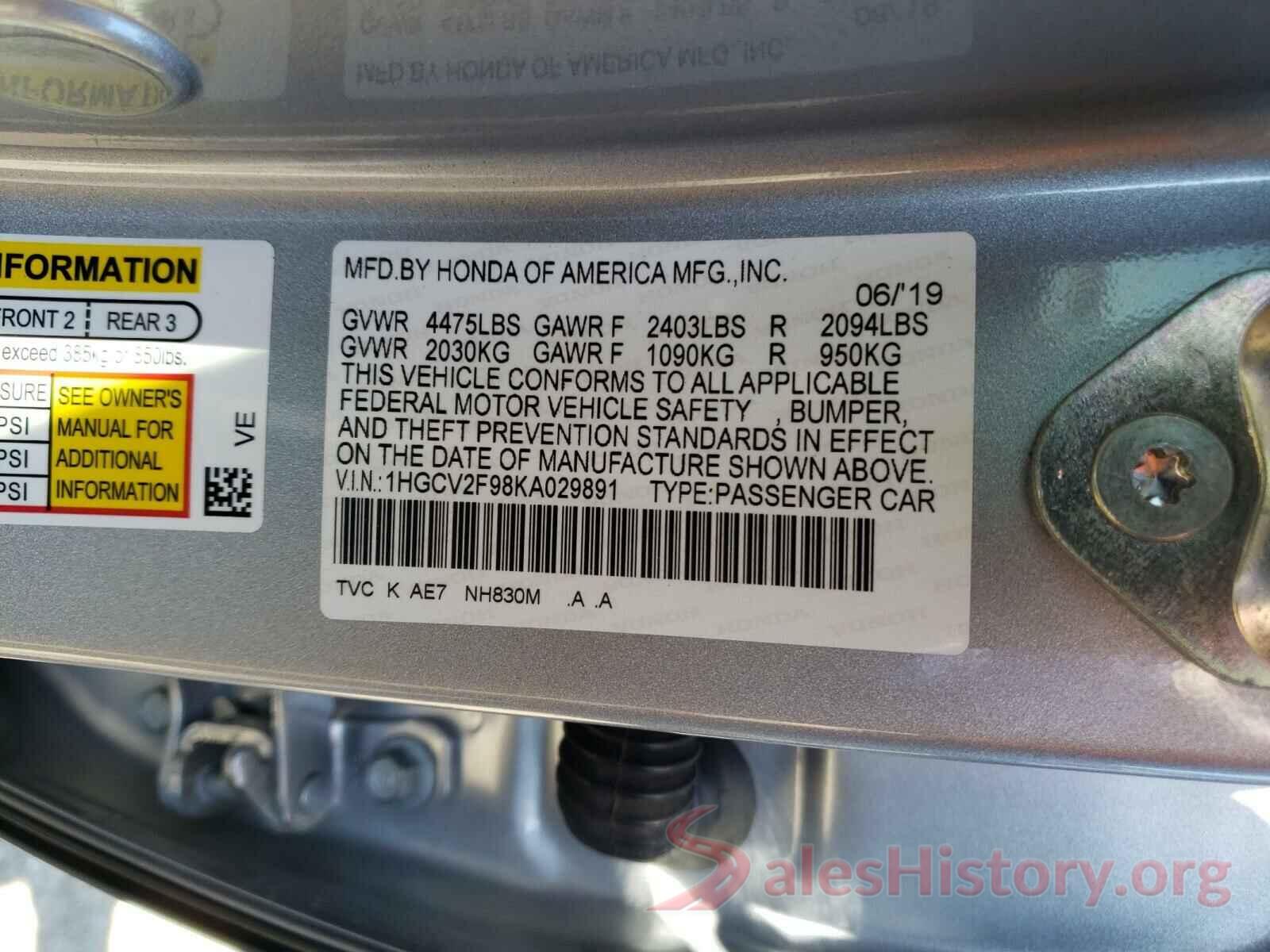 1HGCV2F98KA029891 2019 HONDA ACCORD