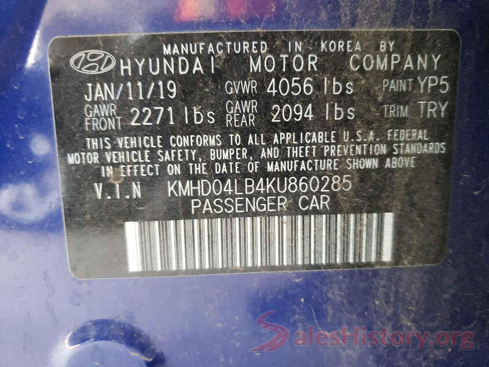 KMHD04LB4KU860285 2019 HYUNDAI ELANTRA