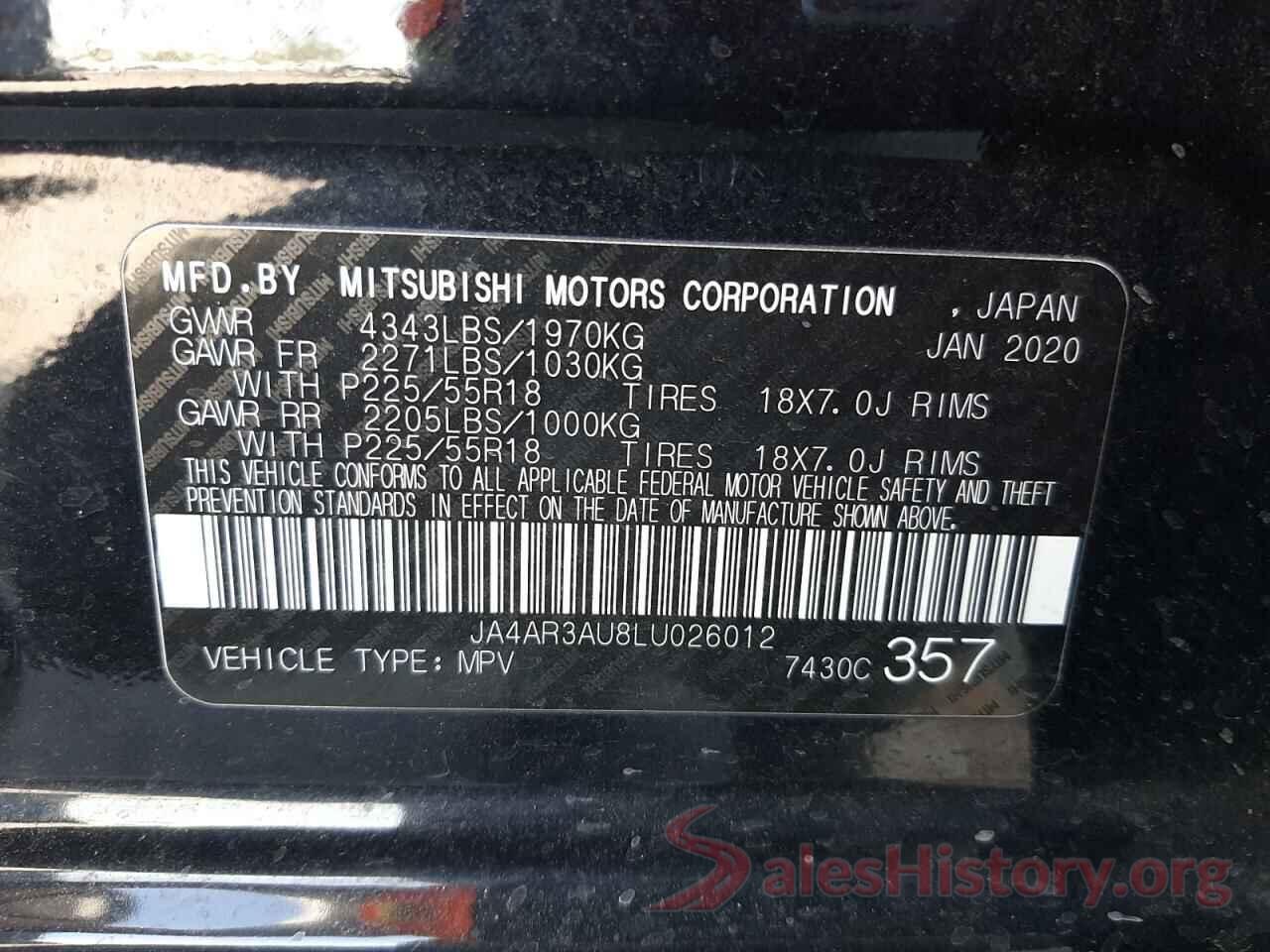 JA4AR3AU8LU026012 2020 MITSUBISHI OUTLANDER