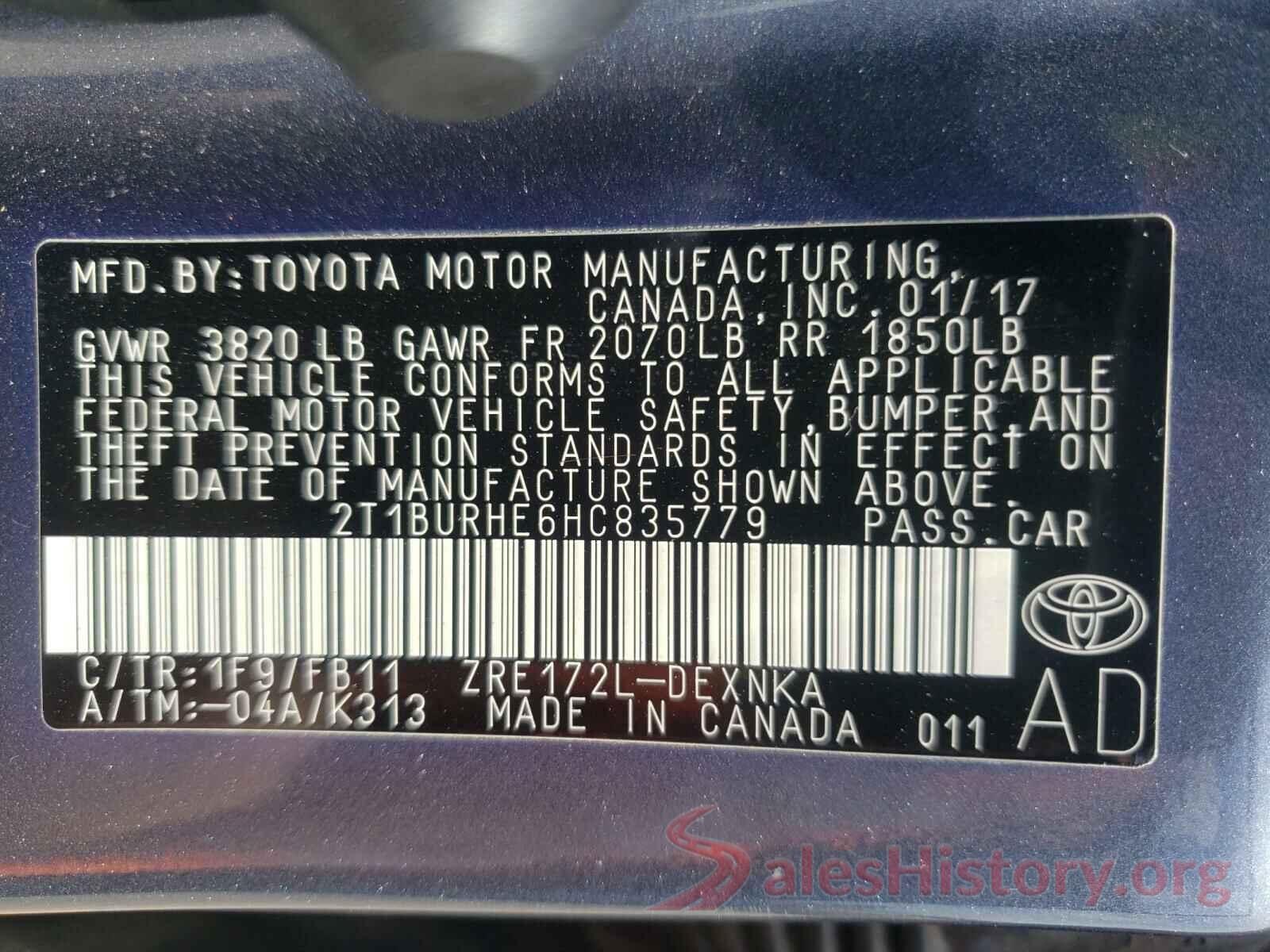 2T1BURHE6HC835779 2017 TOYOTA COROLLA