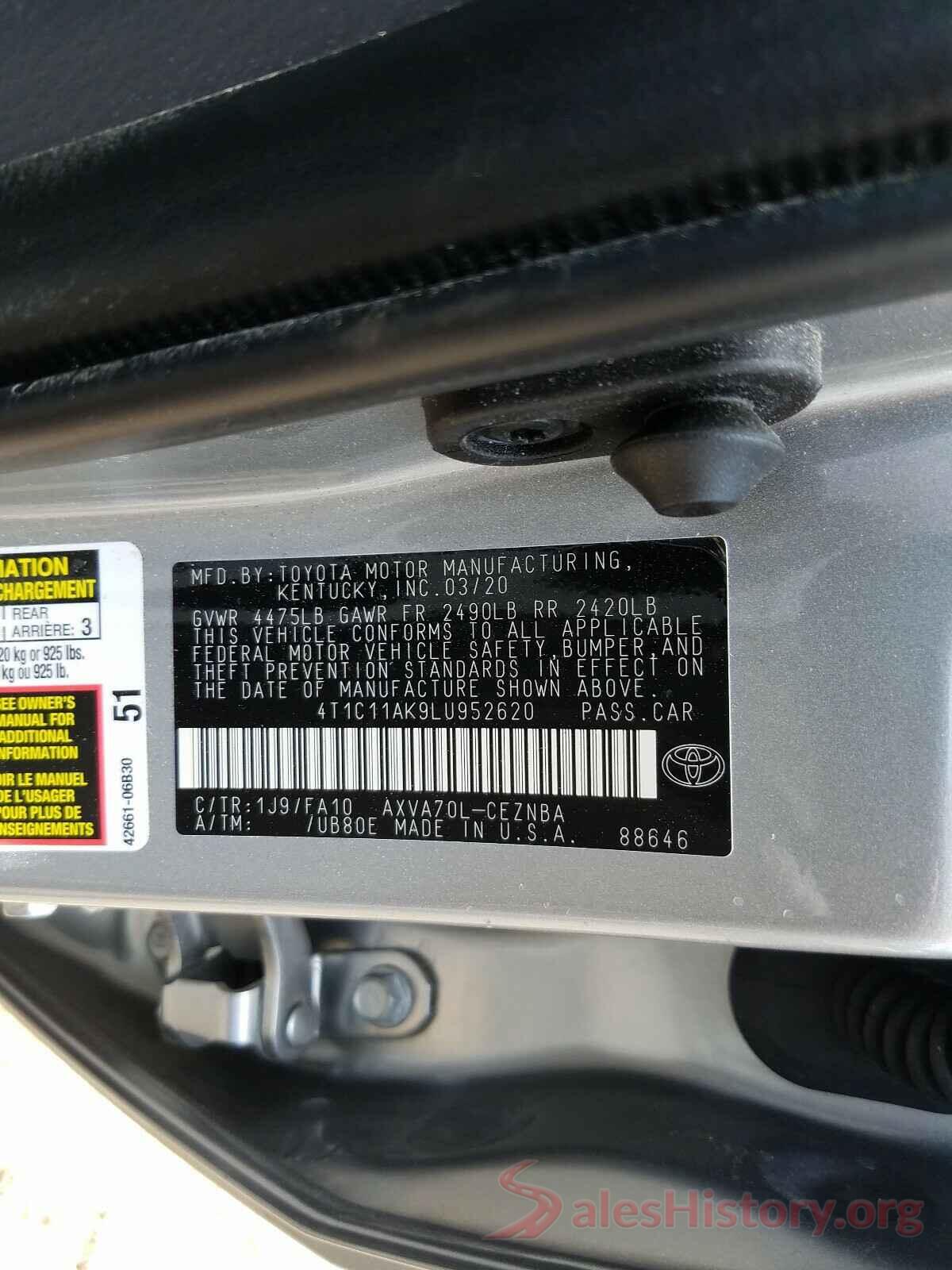 4T1C11AK9LU952620 2020 TOYOTA CAMRY