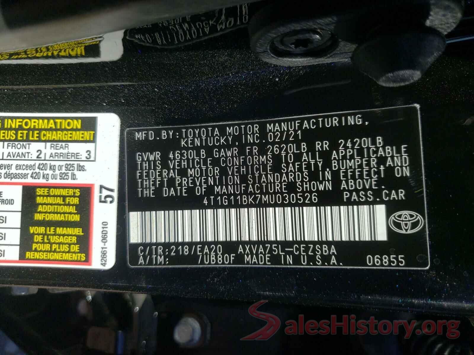 4T1G11BK7MU030526 2021 TOYOTA CAMRY