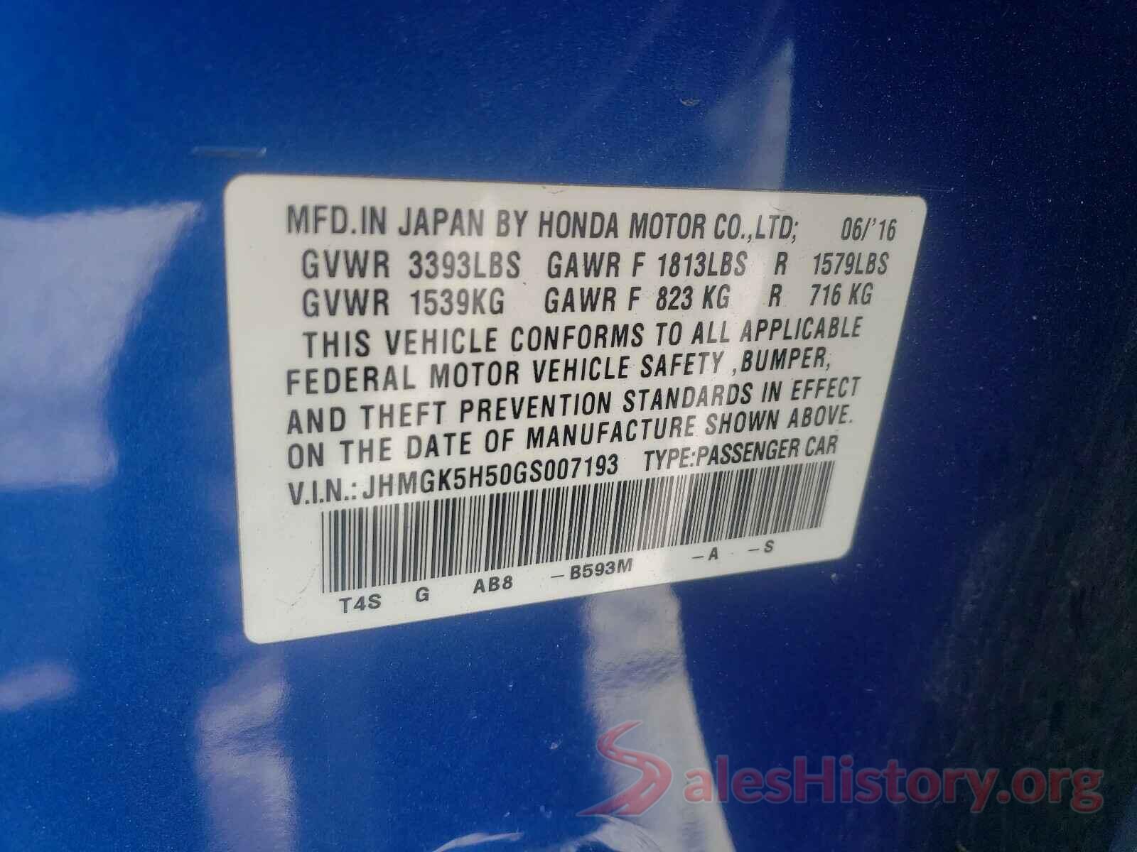 JHMGK5H50GS007193 2016 HONDA FIT