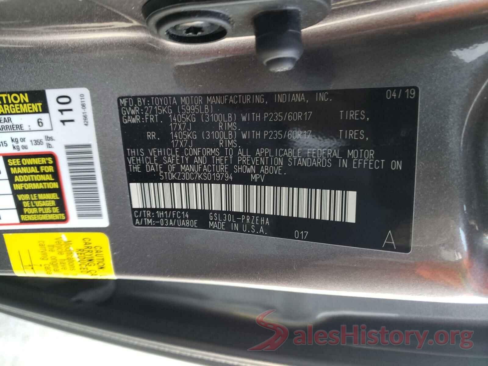 5TDKZ3DC7KS019794 2019 TOYOTA SIENNA