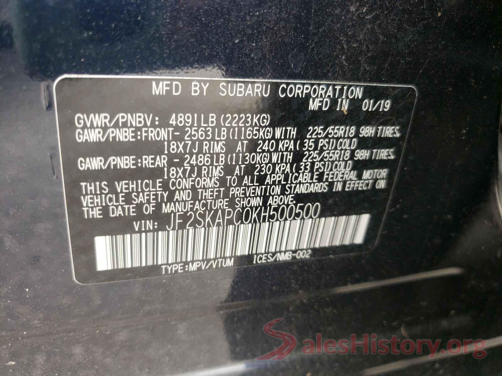 JF2SKAPC0KH500500 2019 SUBARU FORESTER