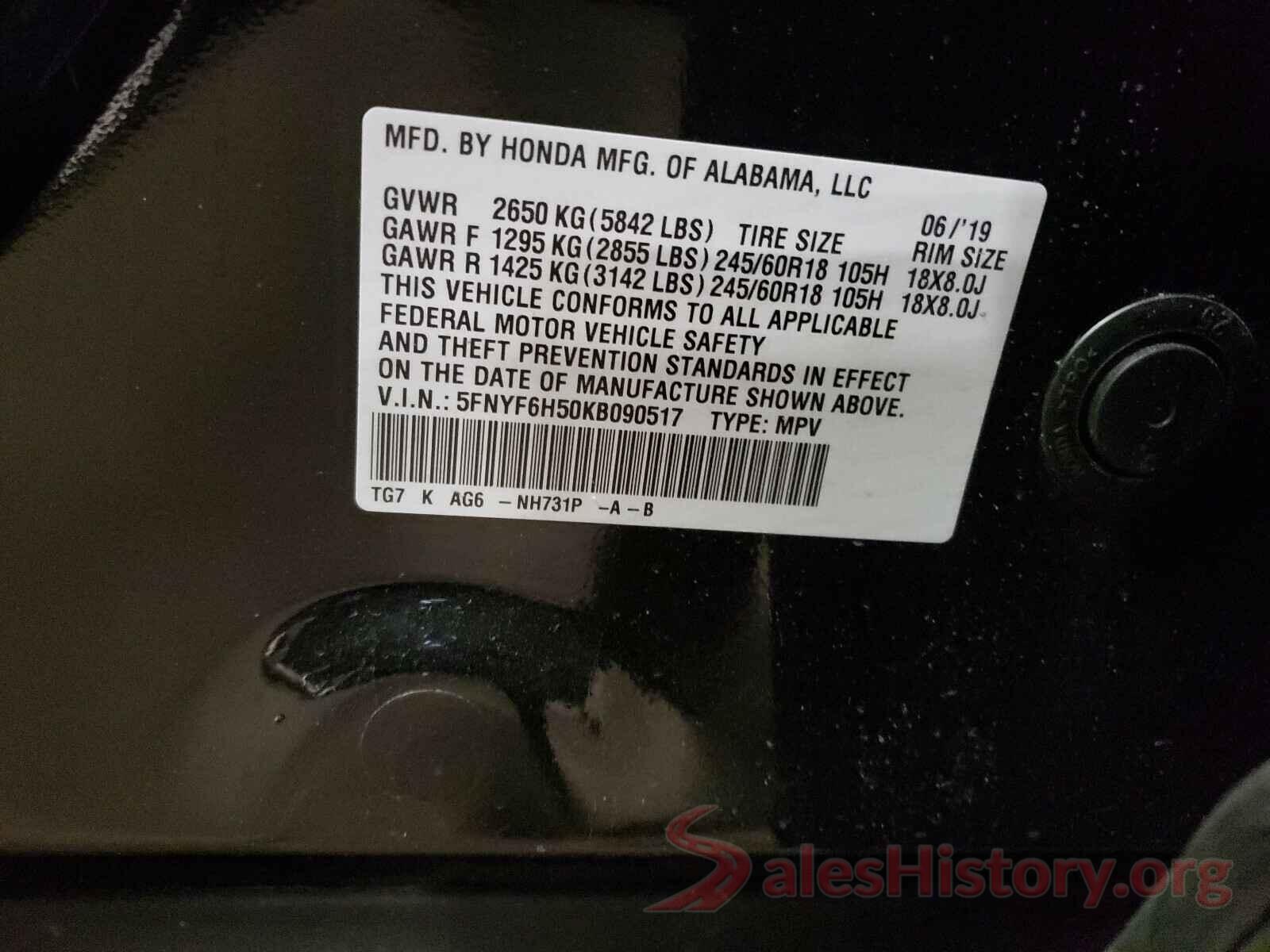 5FNYF6H50KB090517 2019 HONDA PILOT