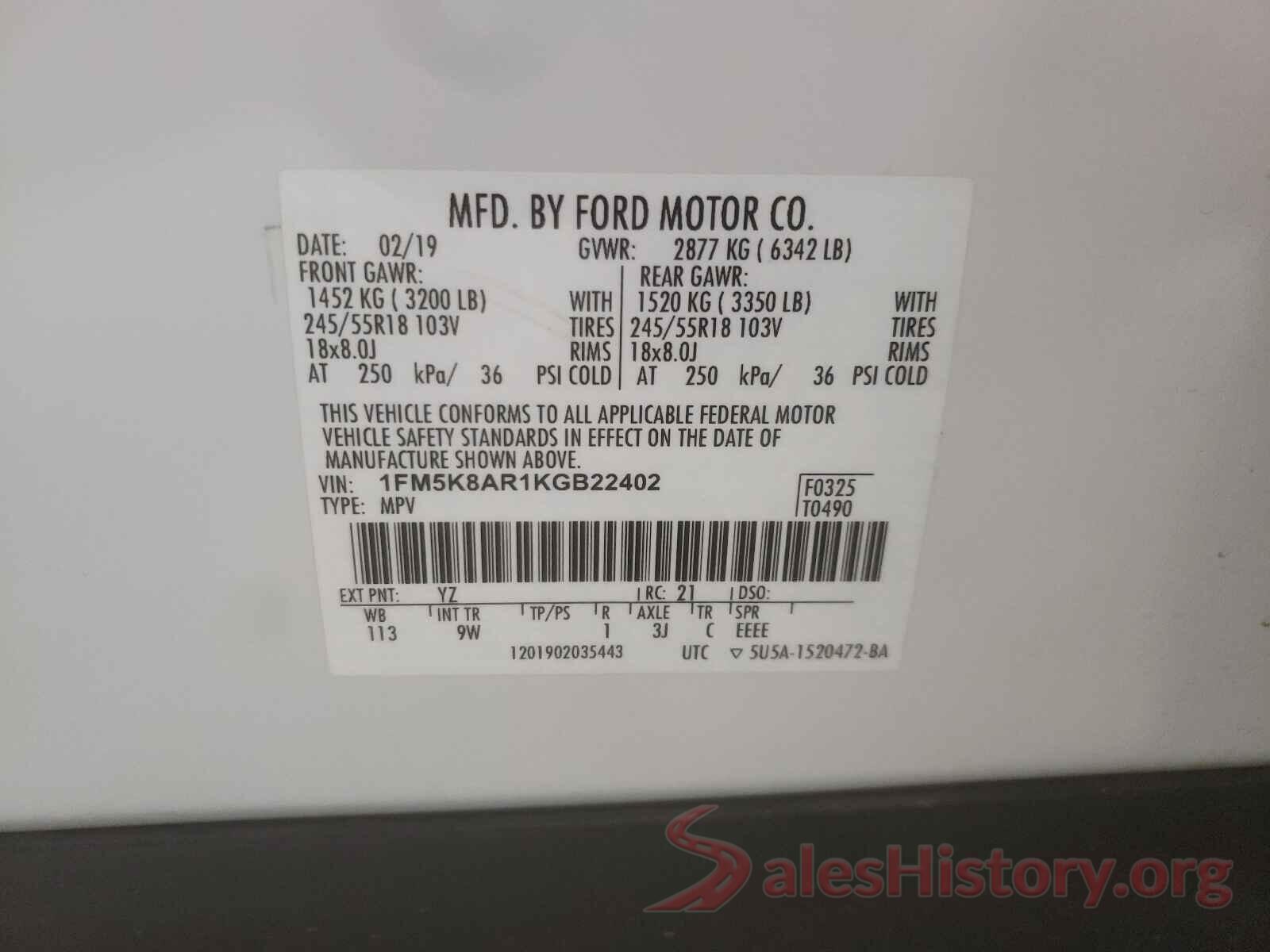 1FM5K8AR1KGB22402 2019 FORD EXPLORER