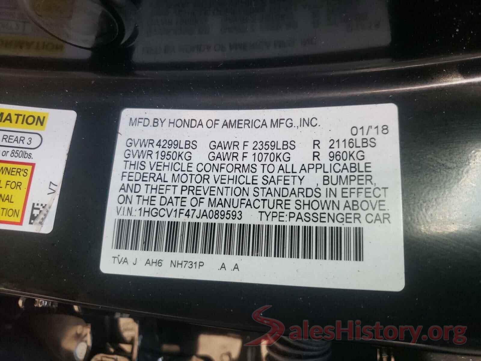 1HGCV1F47JA089593 2018 HONDA ACCORD