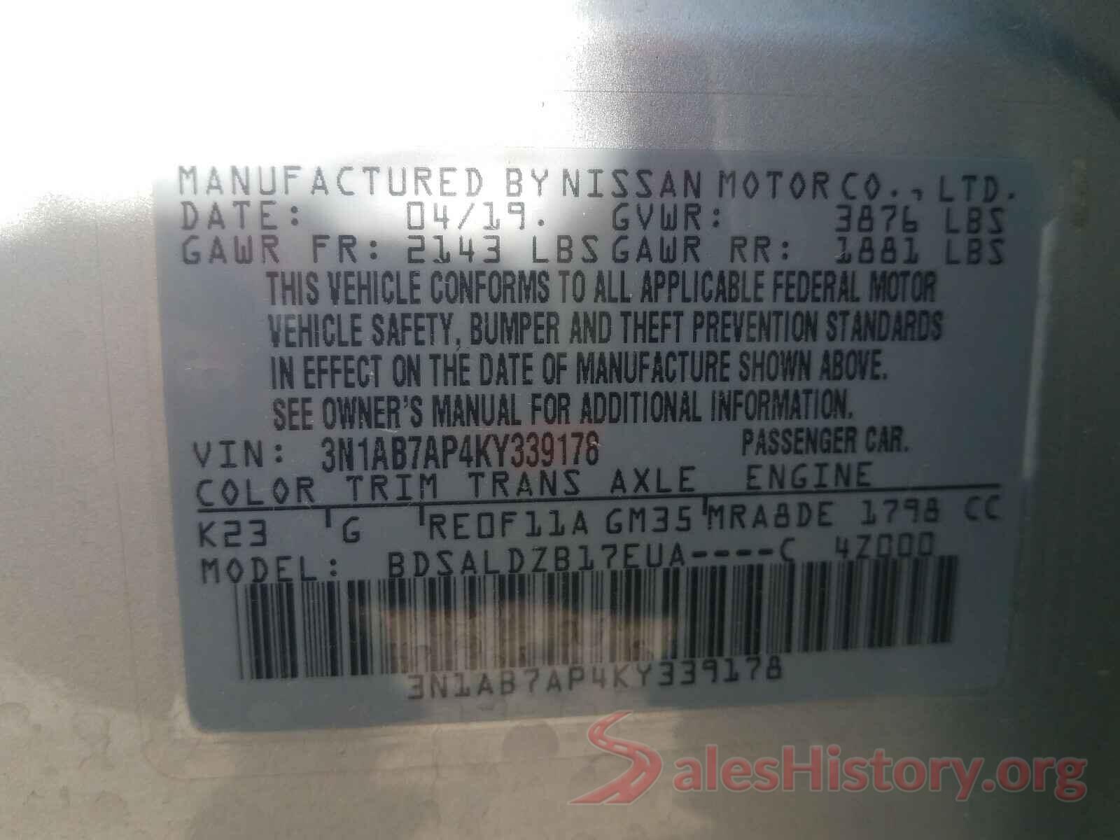 3N1AB7AP4KY339178 2019 NISSAN SENTRA