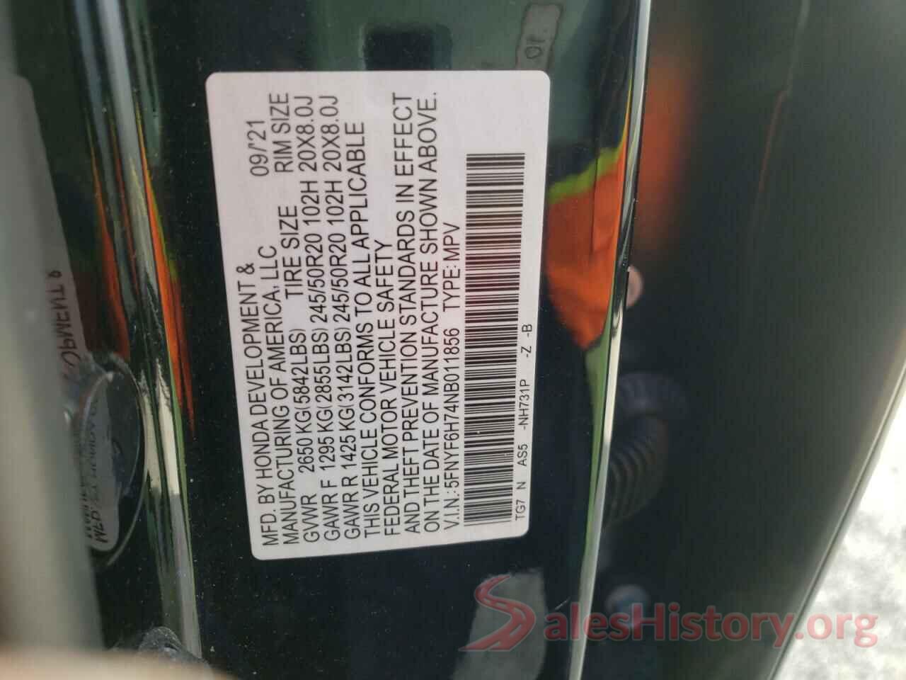 5FNYF6H74NB011856 2022 HONDA PILOT