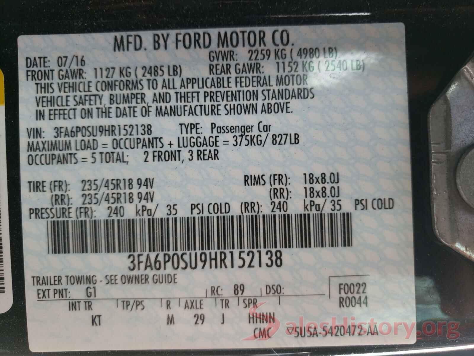 3FA6P0SU9HR152138 2017 FORD FUSION