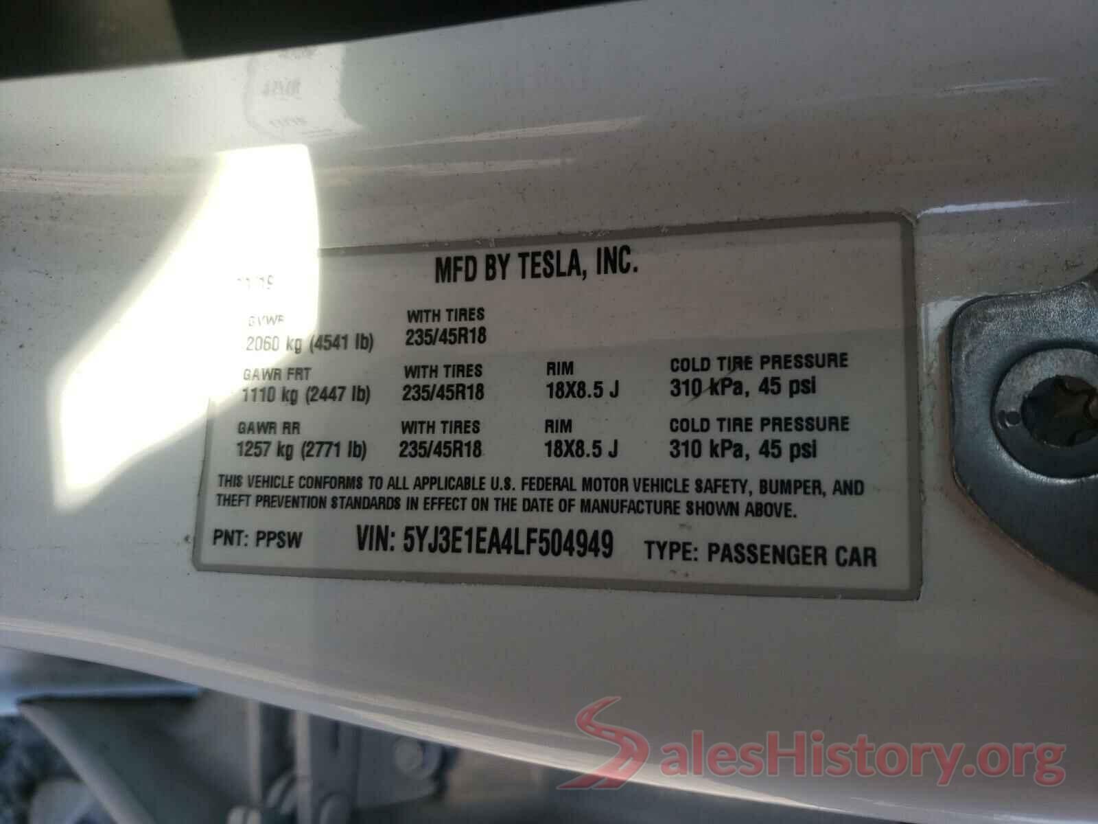 5YJ3E1EA4LF504949 2020 TESLA MODEL 3