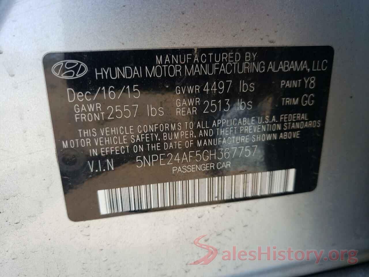 5NPE24AF5GH367757 2016 HYUNDAI SONATA