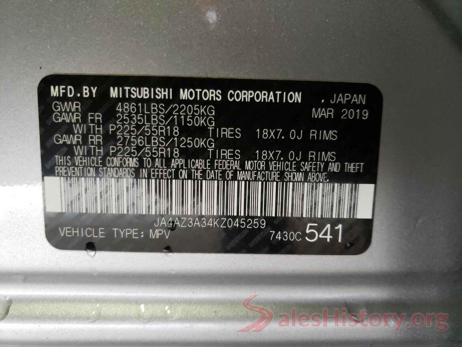 JA4AZ3A34KZ045259 2019 MITSUBISHI OUTLANDER