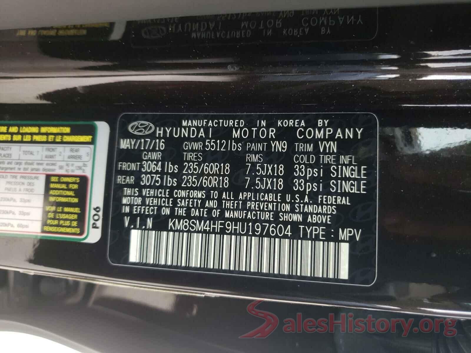 KM8SM4HF9HU197604 2017 HYUNDAI SANTA FE